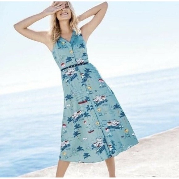 Boden Dresses & Skirts - Boden Josephine Midi Dress Size 8 Blue Coastal Print Sleeveless V Neck A Line